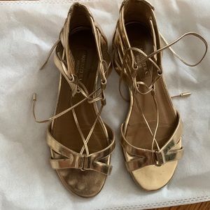 AQUAZZURA “Beverly Hills” flat strappy gladiator metallic gold sandals, size 35